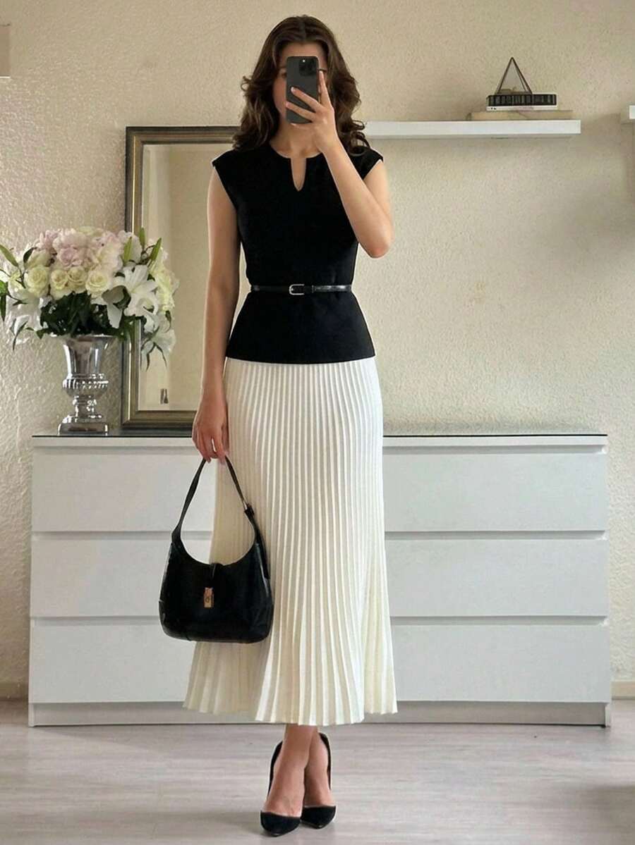 Lavishia Women's Simple Notch Collar Top And Pleated Skirt 2 Pieces Set, Summer, Summer Outfit For Women - Black and White - View 1
