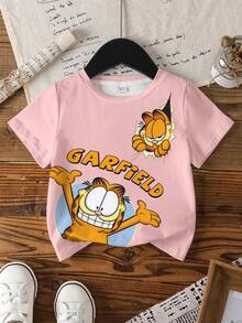 GARFIELD | SHEIN 女童夏季休闲字母猫咪印花圆领短袖T恤 - 白色 - 查看 1