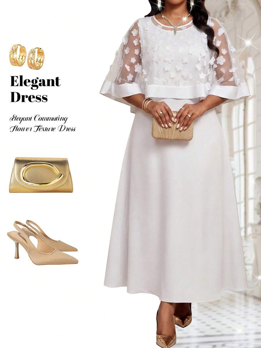 Fleurora Conjunto de 2 piezas talla grande blanco elegante con chal de malla floral 3D y vestido sin mangas, atuendo tradicional para invitada de boda, ropa formal para despedida de soltera, para fiesta de otoño - Blanco - Ver 1