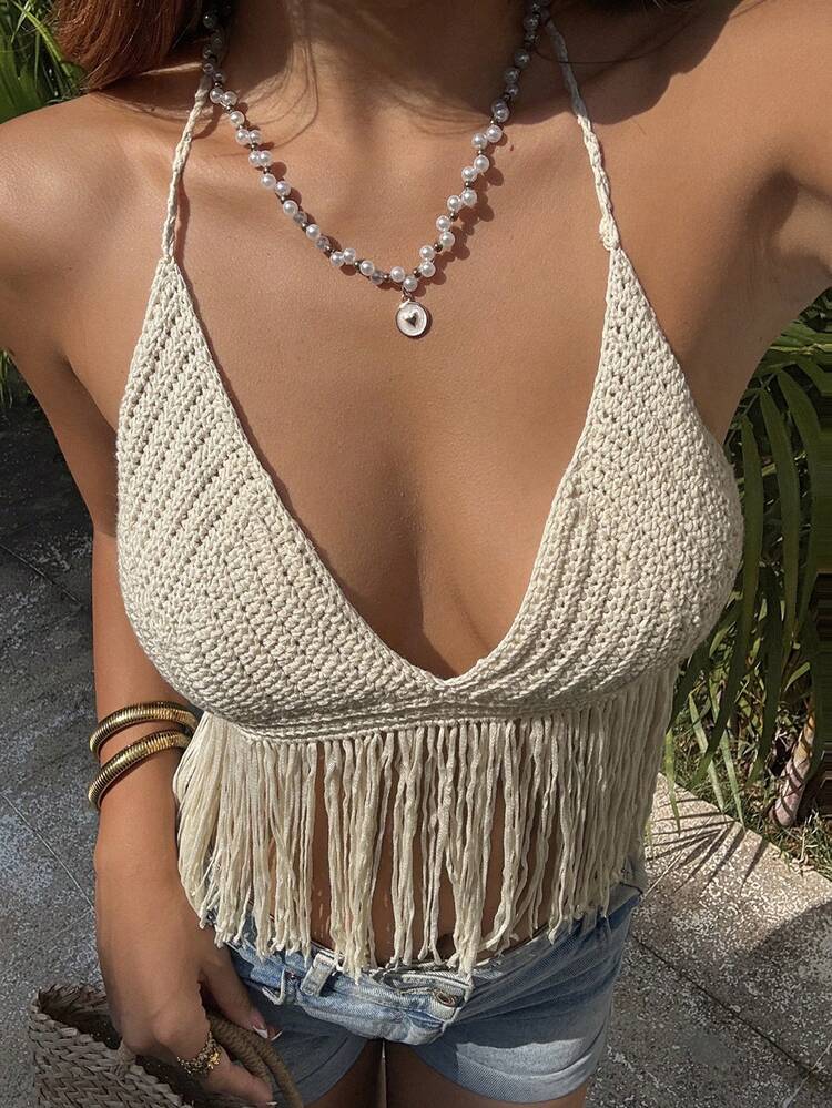 Women's Solid Color Fitted Spaghetti Strap Backless Tassel Hem Casual Vacation Summer Camisole Top