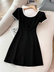 SHEIN Đầm cổ tròn tối giản thời trang dành cho nữ, món quà lý tưởng cho bạn bè. - màu đen - Xem 2