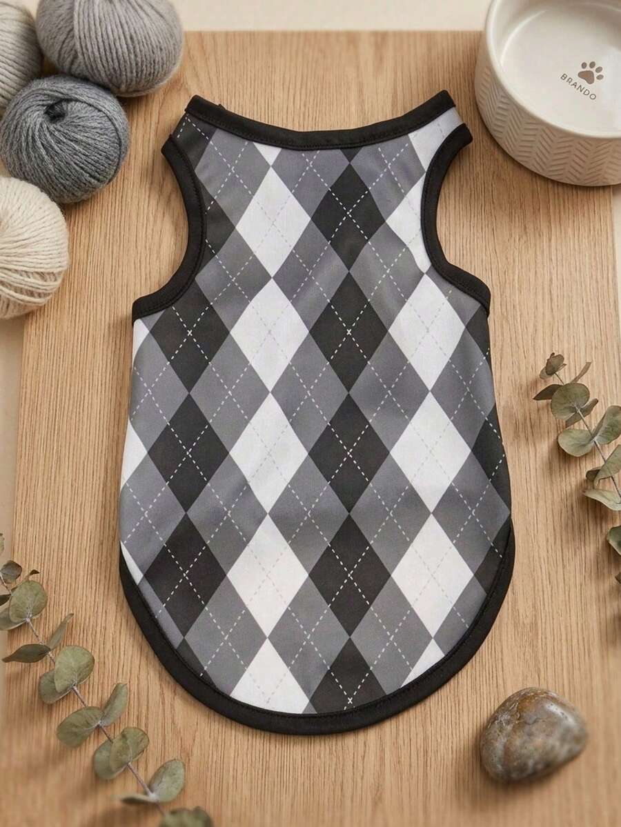 1 pieza Chaleco para mascotas a cuadros de diamante gris y blanco con estampado de estilo universitario, verano, transpirable, a prueba de insectos, protector solar - Multicolor - Ver 1