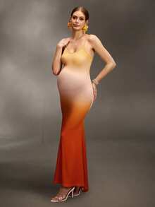 Cheriluna Maternity 露背浪漫约会派对吊带修身深V领垂褶长款网纱孕妇连衣裙，夏季连衣裙，下午茶派对连衣裙 - 彩色 - 查看 3