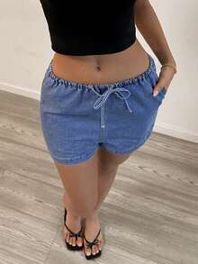 Sunnyshic Quần short denim nữ kiểu dáng thường ngày, có dây rút ở eo, thích hợp cho mùa hè. - Màu xanh lam - Xem 4