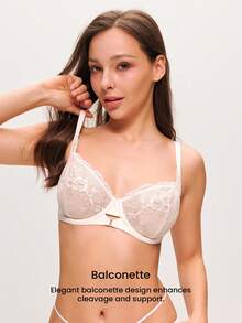 LUVLETTE 女士内衣 聚拢透气钢圈性感无衬里刺绣蕾丝白色婚纱新娘文胸 网纱蕾丝文胸 - 金色 - 查看 5