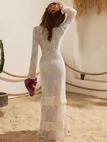 Ecru Knit Dress With Tiered Skirt Detail - Cream - View 3