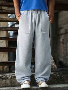 PAVTROS Pantalones de chándal holgados de pierna ancha con cordón y bolsillos, de color liso y casual para hombre - Gris Claro - Ver 5