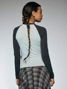 COUREZ Long Sleeve Raglan T-Shirt With Front Slogan Print /Y2K Spring For Women Cute Top Slogan Top Long Sleeve Summer Top Going Out - Grey - View 2