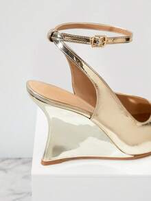 SHUZIA Sandalias de cuña con tira de tobillo y punta abierta para mujer - Dorado - Ver 4