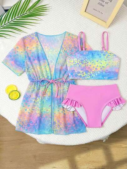 3 قطع/مجموعة بيكيني للفتيات الصغيرات، ذات ألوان نمط تدرجية مع طباعة نمر ناعمة، تصميم حمالات رفيعة، غطاء مطابق مطبوع وسراويل مثلثة مع تشذيب مجعد، قماش مضفر، أنيق، كاجوال، مناسب للسباحة، العطلات الصيفية، الشاطئ، حمام السباحة، الحفلات