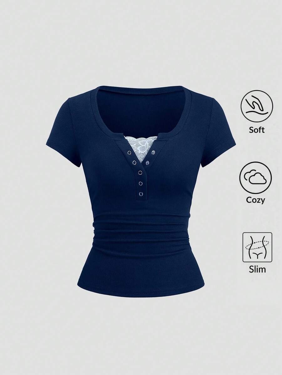 Sweetra Streetwear Wanita, Kaos Lengan Pendek 2 in 1 dengan Lubang Tali Setengah Terbuka dan Hiasan Renda, Warna Polos - Navy Blue - View 1