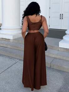 Alexandranx New Spring/Summer Vacation Casual Fishbone Suspender Pants & Wide Leg Trousers With Pockets 2 Pieces Textured Fabric Set - B Tan Two Piece Set Linen Two Piece Set - Coffee Brown - View 2