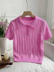 Comfortcana Fashionable Fuchsia Sequin Knit Sweater For Women - Hot Pink - View 4