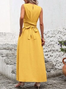 Chikora 大码女士亚麻条纹圆领腰部蝴蝶结口袋无袖宽松休闲连衣裙，适合各种场合，休闲、通勤、旅行、商务休闲女装 - 黃色 - 查看 2