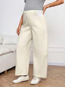 SHEIN 孕妇休闲百搭日常穿搭阔腿牛仔裤 - 卡其色 - 查看 4