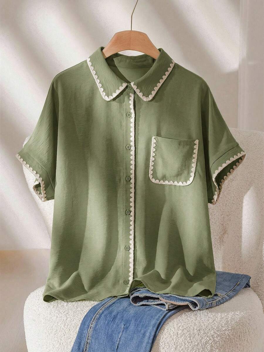 CosyJoli Plus Size Women's Single-Breasted Pocket Casual Contrast Trim Shirt - Green - View 1