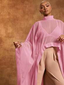 Blusa larga de gasa negra transparente con mangas drapeadas - Rosa Pálido - Ver 5