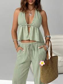 SHEIN EZwear Spring/Summer New Chiffon Women Casual Vacation Beach Outfit, Halter Backless Top And Slant Pocket Wide Leg Pants 2 Pieces Set Two Piece Vacation Set Women Casual Two Piece Set Linen Two Piece Set Summer 2 Piece Sets Woman Beach 2 Piece Set Linen Two Piece Set Women Two Piece Spring Set Vacation Outfits Women 2 Piece Set Green Two Piece Set Women Two Piece Set Casual Vacation Outfits 2 Piece Set Summer 2 Piece Sets For Women - Lime Green - View 3