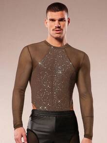 FeverCity Bộ jumpsuit dài tay gợi cảm dành cho nam, họa tiết bóng bẩy, phối lưới tương phản. - Cà phê nâu - Xem 1