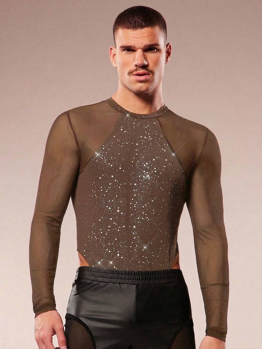 FeverCity Bộ jumpsuit dài tay gợi cảm dành cho nam, họa tiết bóng bẩy, phối lưới tương phản. - Cà phê nâu - Xem 1