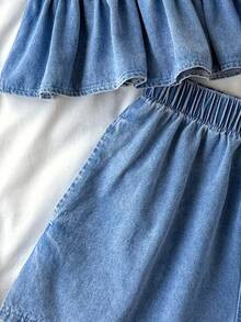 Soleia 女士度假休闲牛仔抹胸上衣和短裤套装 - 淺色水洗藍 - 查看 4