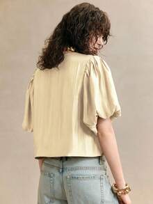 Arave Blusa de mujer de verano con cuello redondo, manga de farol y diseño texturizado, con hilos dorados brillantes trenzados - Albaricoque - Ver 3