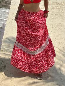 Sunnyshic New Versatile Casual Beach Vacation Unique Design Lace Patchwork A-Line Printed Maxi Skirt - Red - View 4