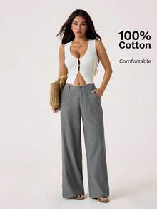 SHEIN PETITE 100% 水洗棉低腰直筒裤 - 灰色 - 查看 8