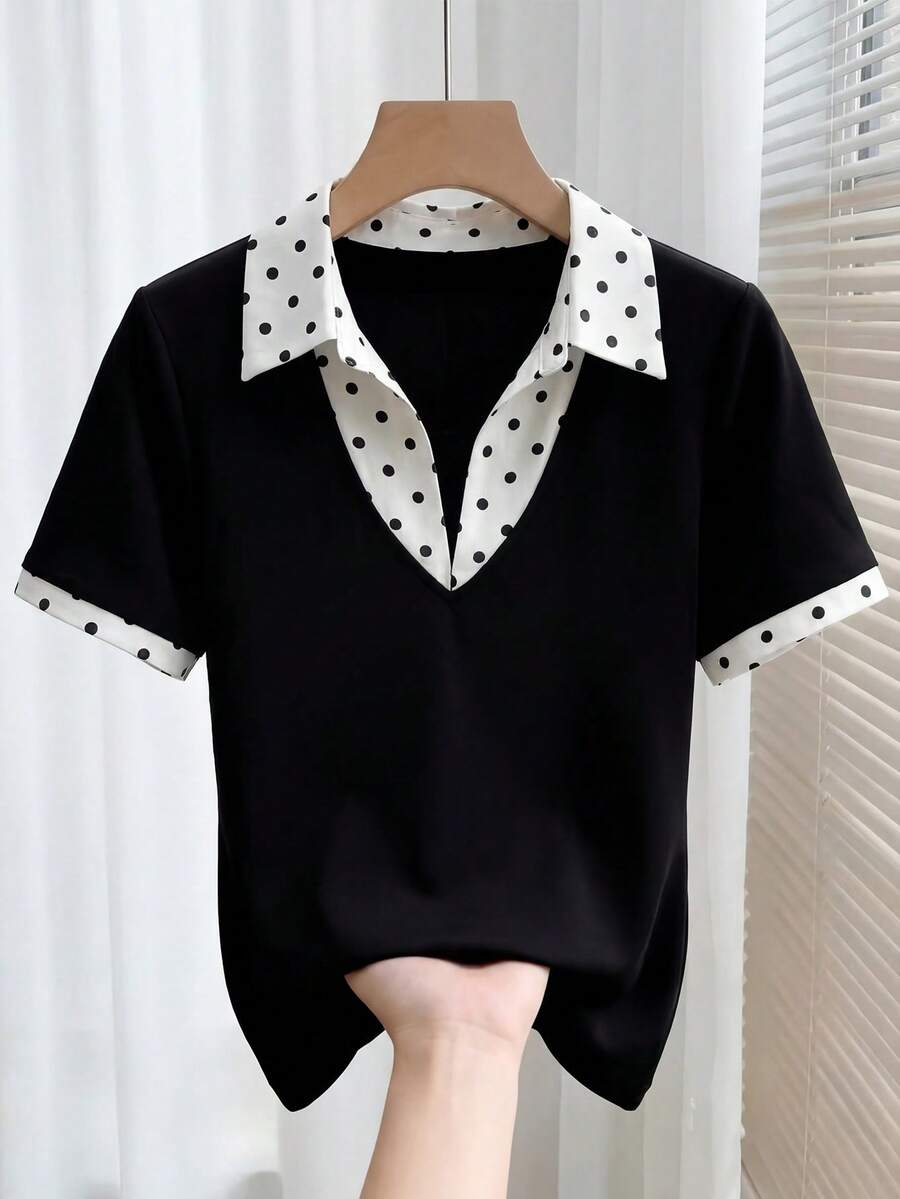 Franclia 女士优雅复古风黑白波点印花二合一商务休闲T恤，适合办公室和返校季穿着 - 黑與白 - 查看 1