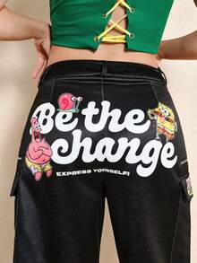 SpongeBob SquarePants | SHEIN Women's Fashion Design Summer Cargo Style Denim Shorts - Black - View 3