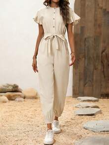 EMERY ROSE Damjumpsuit med enfärgad, minimalistisk kortärmad - Aprikos - Visa 4