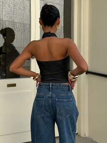 Muchica Áo thun cổ yếm màu đen dành cho nữ - màu đen - Xem 2