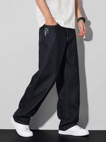 Manfinity Homme Spring & Summer Casual Dark Washed Blue Straight Loose Fit Printed Raw Denim Jeans - Blue - View 5