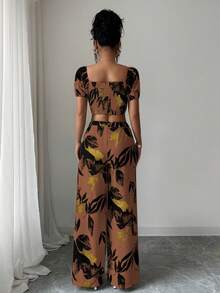Selianne Bộ đồ 2 món dành cho nữ: Áo croptop in hoa và quần ống đứng. - màu nâu - Xem 2