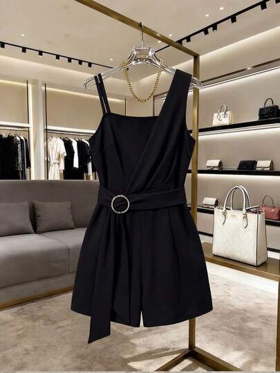 Elenzga Bộ áo liền quần dệt kim co giãn cỡ lớn dành cho nữ, khóa kim loại, thiết kế bất đối xứng, đa năng cho đi làm, mua sắm, dự tiệc, mọi mùa.