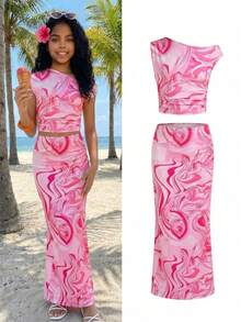 Sparklyn Conjunto de 2 piezas de top corto sin mangas y falda ajustada con estampado de mármol rosa para niñas preadolescentes en primavera/verano y vacaciones en la playa - Rosa - Ver 2