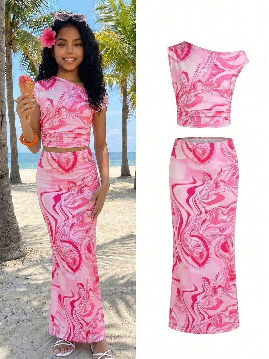 Sparklyn Conjunto de 2 piezas de top corto sin mangas y falda ajustada con estampado de mármol rosa para niñas preadolescentes en primavera/verano y vacaciones en la playa