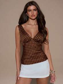 SHEIN BAE Áo tank top mùa hè ôm dáng, không tay, cổ chữ V, chấm bi dành cho nữ - màu nâu - Xem 5