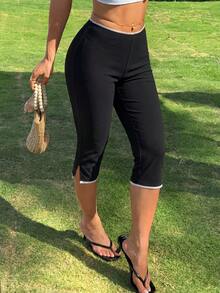 CovetEZ 女士经典款 91% 棉黑色针织弹力七分裤打底裤 - 百搭运动时尚夏季海滩度假装，适合春假、波西米亚音乐节和优雅夏季穿着 - 黑色 - 查看 2