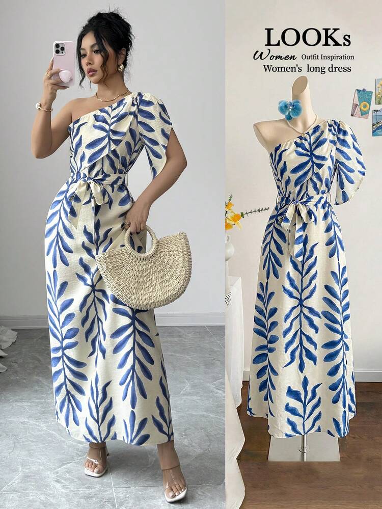Elenzga Vestido ajustado con mangas abullonadas, cintura con lazo y estampado floral elegante para mujer, azul y blanco, primavera/verano - Azul - Añade 4