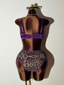 Bare Chapter Plus Size Sexy Leopard Print Colorblock Satin & Mesh Top + Panty 2 Pieces Set - Multicolor - View 6