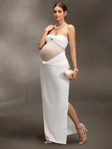 Cheriluna Maternity 女士纯色抹胸长裙，优雅孕妇写真 - 白色 - 查看 5