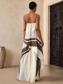 Vesra Women's White And Brown Geometric Print Strapless Maxi Dress,Asymmetric Hem Layered Summer Flowy Boho Dress For Tropical Holiday,Vacation,Holiday - Multicolor - View 2