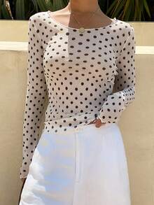 DAZY Women's Polka Dot Sheer Long Sleeve Crew Neck Undershirt, Spring/Summer - White - View 5