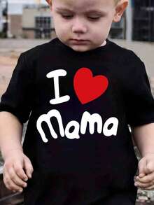 春夏男童休闲时尚创意个性清新简约可爱心形标语印花舒适基础款短袖T恤，温暖夏秋款式，适合春、夏、秋季穿着，上衣 - 黑色 - 查看 5