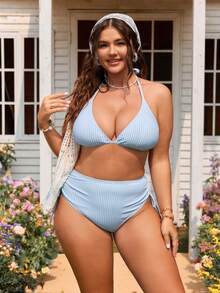 Swim Mod 2026新款加大码女式两件套随机条纹印花高腰抽绳休闲泳装套装 - 薄荷藍 - 查看 4