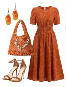 Ellevyn Orange Silhouette Floral Jacquard Romantic Vacation Elegant A-Line Dress - Burnt Orange - View 2
