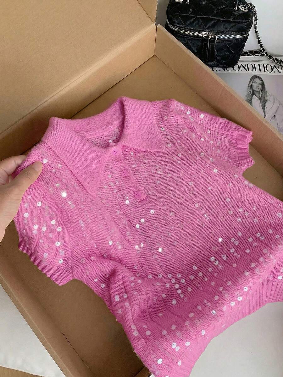 Comfortcana Fashionable Fuchsia Sequin Knit Sweater For Women - Hot Pink - View 1
