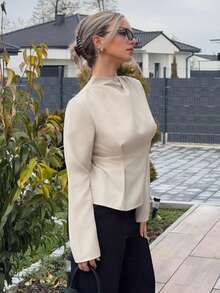 Jeta Ari Camisa de mujer de ajuste regular con diseño plisado, cuello alto, manga larga y cintura recogida, de textura de bambú vintage, elegante para ir al trabajo y uso casual, nueva colección de otoño/invierno, blusas elegantes para mujer, primavera - Albaricoque - Ver 5