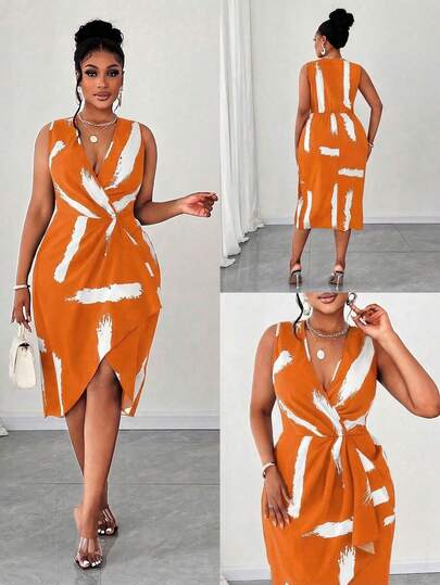 Maweii Plus Size Fashionable Printed Sleeveless V-Neck Dress